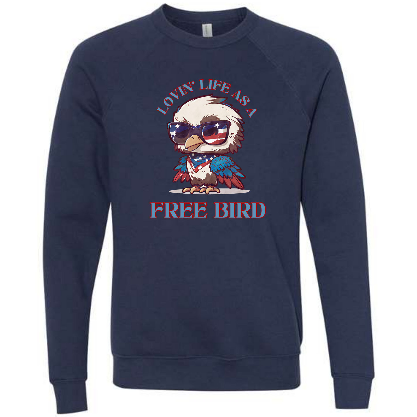 Lovin' Life as a Free Bird - Sponge Fleece Raglan Sweatshirt - Blues, Greens, Purple, and Black