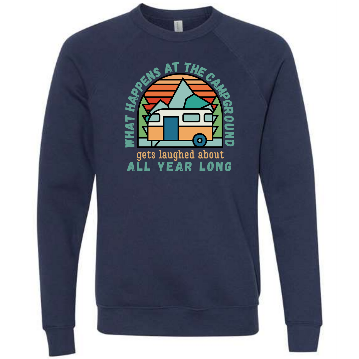 What Happens At The Campground - Sponge Fleece Raglan Sweatshirt - Blues, Greens, Purple, and Black