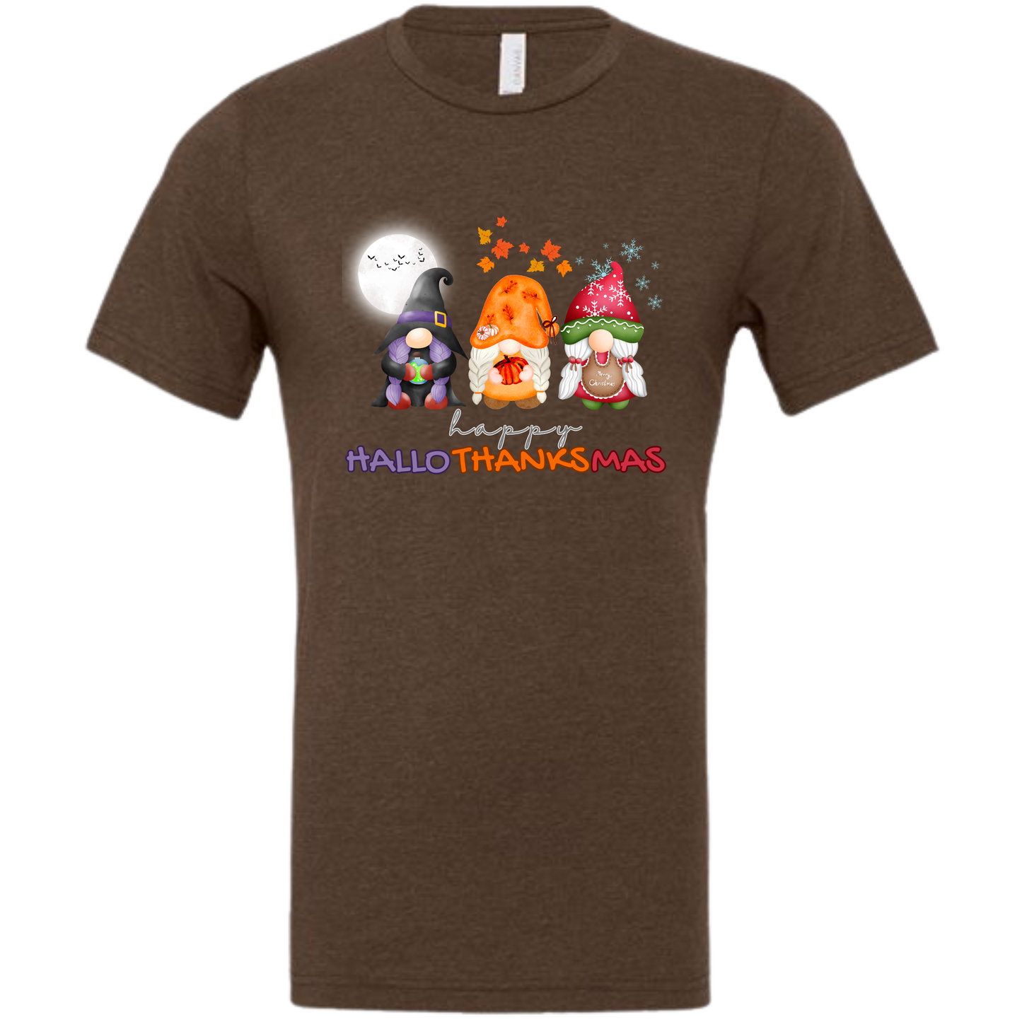 Happy HalloThanksMas Gnomes - Unisex Tee - Browns and Greens
