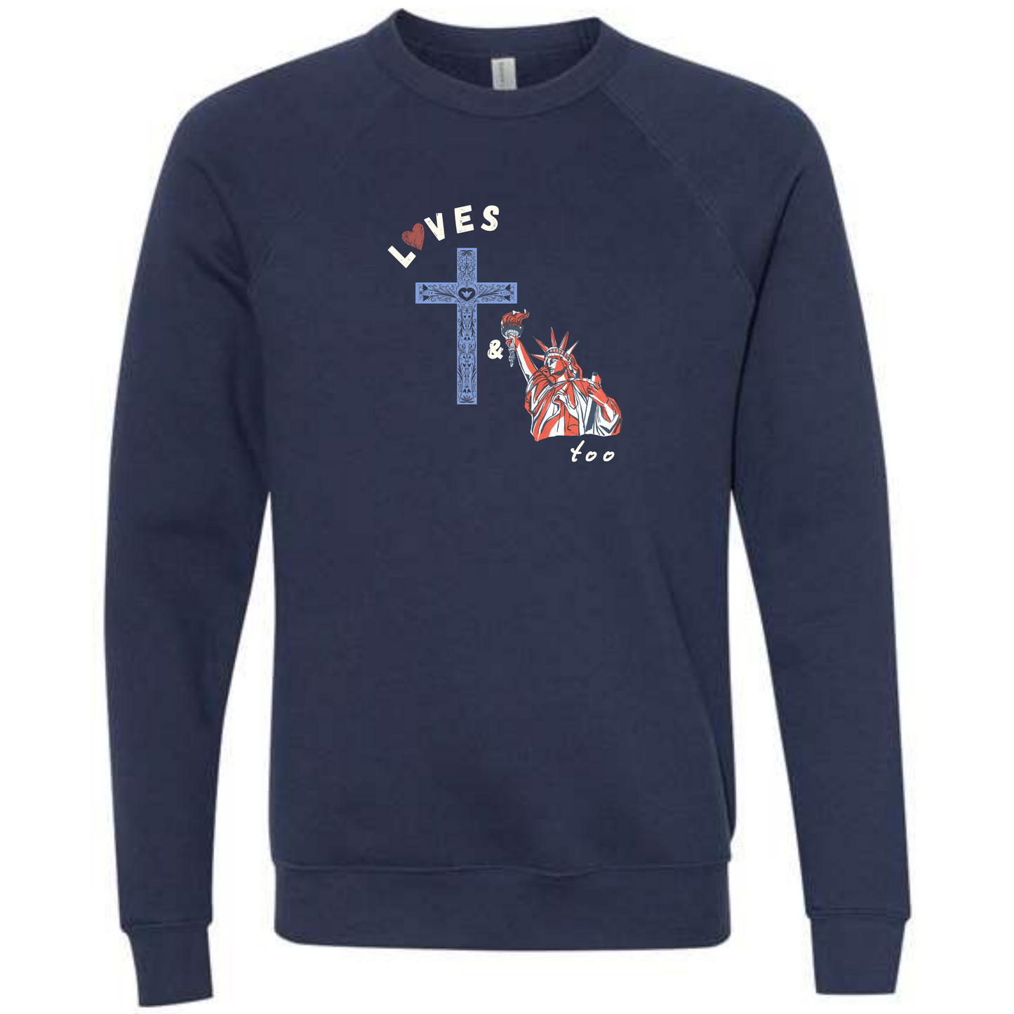 Loves Jesus & America too - Sponge Fleece Raglan Sweatshirt - Blues, Greens, Purple, and Black