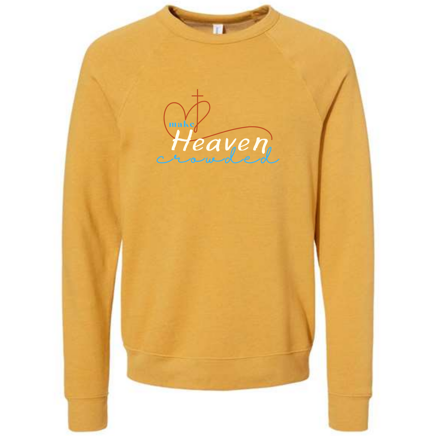 Mustard raglan sweatshirt with Make Heaven Crowded Heart and Cross image