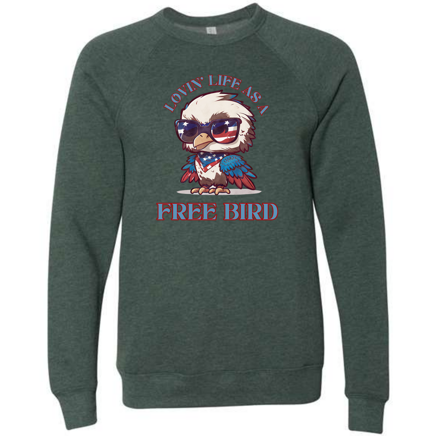 Lovin' Life as a Free Bird - Sponge Fleece Raglan Sweatshirt - Blues, Greens, Purple, and Black