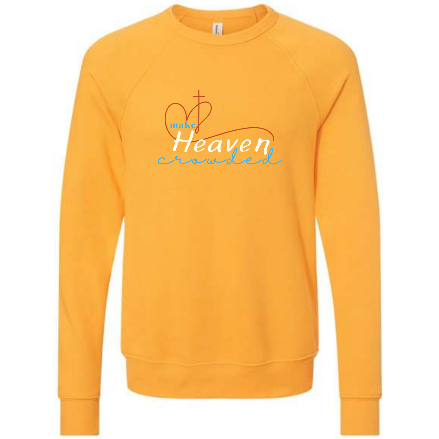 Gold raglan sweatshirt with Make Heaven Crowded Heart and Cross image