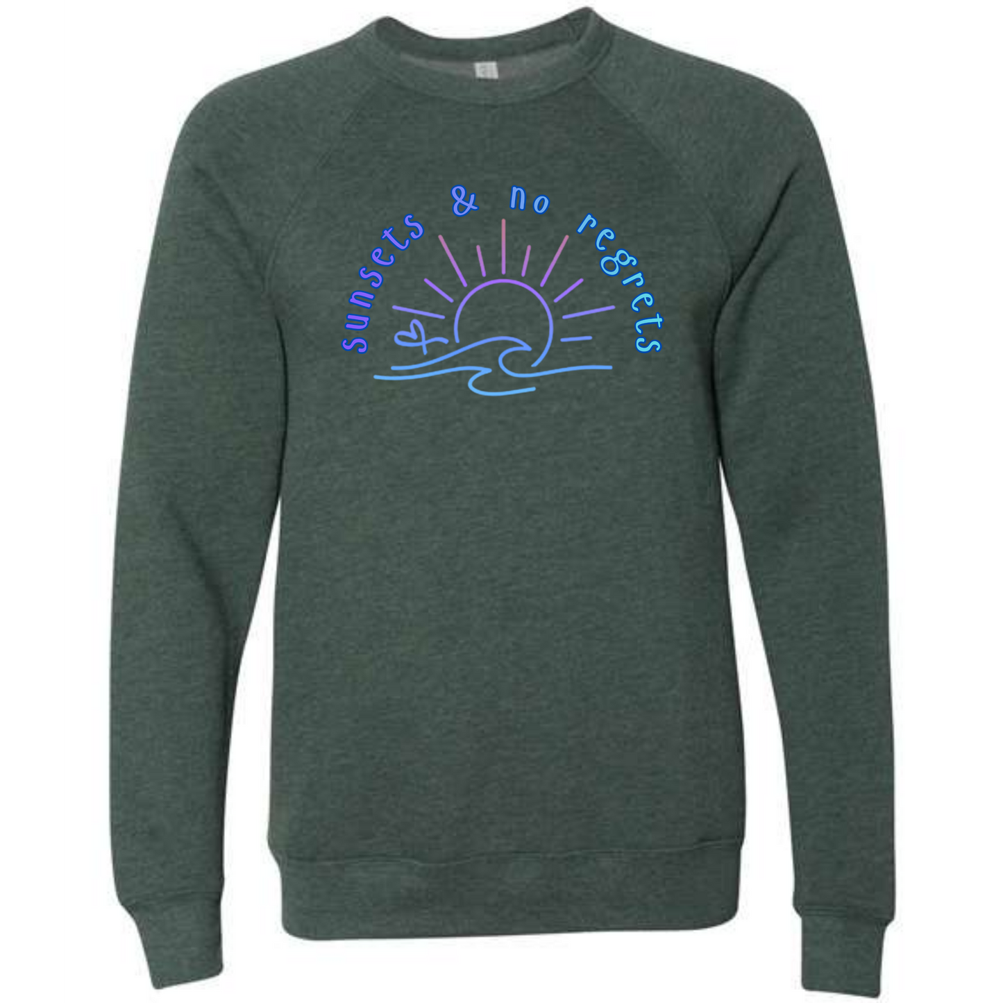 Sunsets & No Regrets - Sponge Fleece Raglan Sweatshirt - Blues, Greens, Purple, and Black