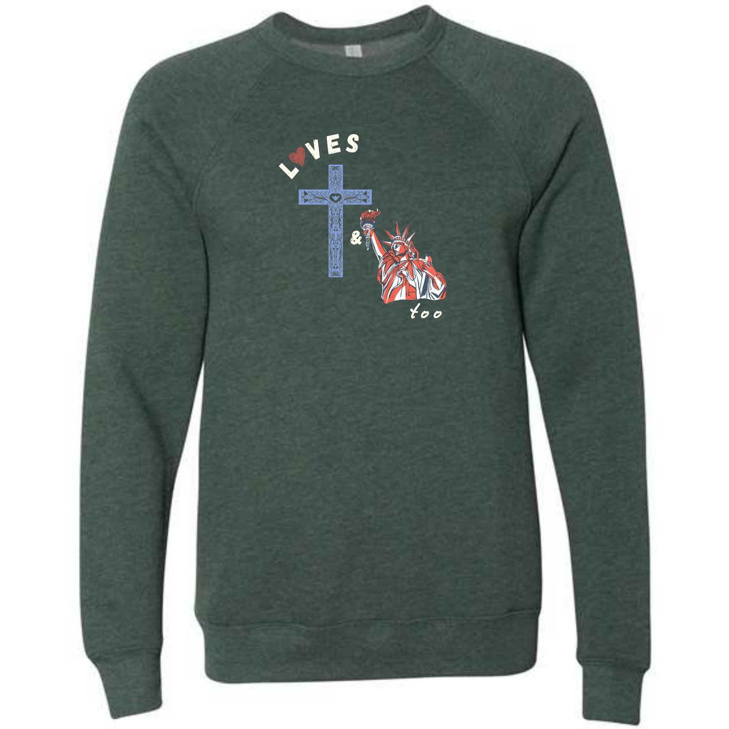 Loves Jesus & America too - Sponge Fleece Raglan Sweatshirt - Blues, Greens, Purple, and Black