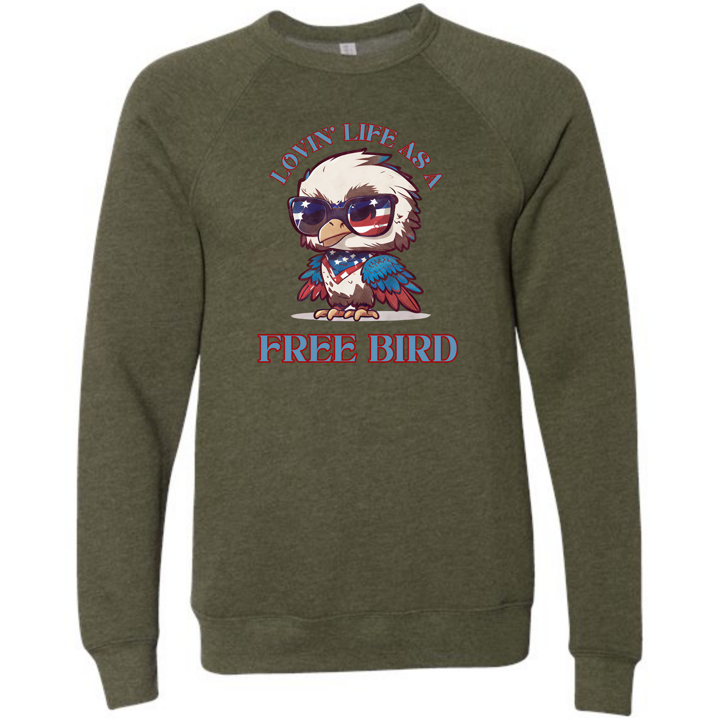 Lovin' Life as a Free Bird - Sponge Fleece Raglan Sweatshirt - Blues, Greens, Purple, and Black