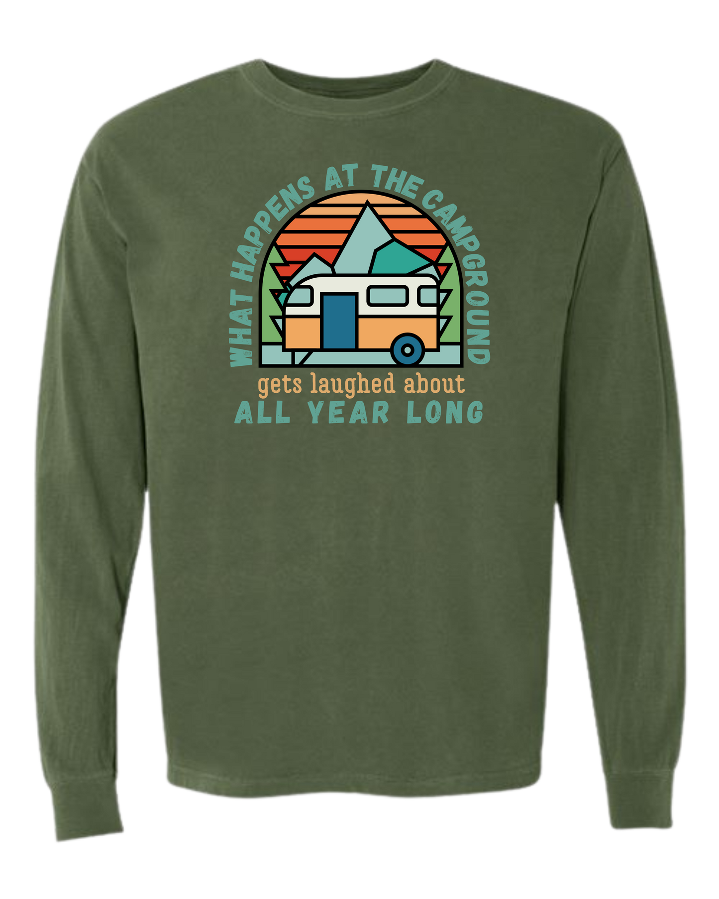 What Happens At The Campground - Comfort Colors - Heavyweight Long Sleeve Tee - Blues & Greens