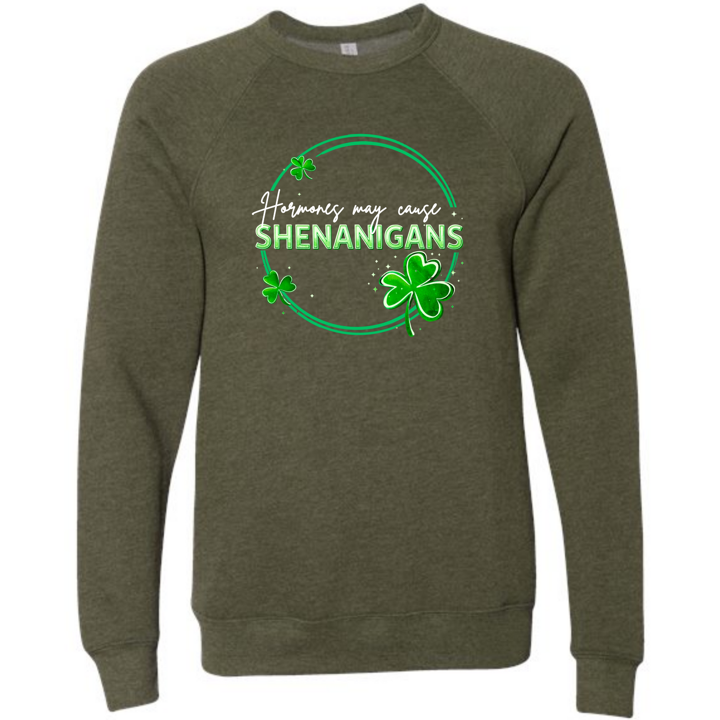 Hormones May Cause Shenanigans - Sponge Fleece Raglan Sweatshirt - Blues, Greens, Purple, and Black
