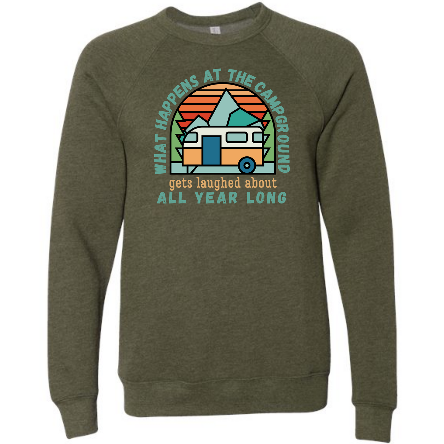 What Happens At The Campground - Sponge Fleece Raglan Sweatshirt - Blues, Greens, Purple, and Black