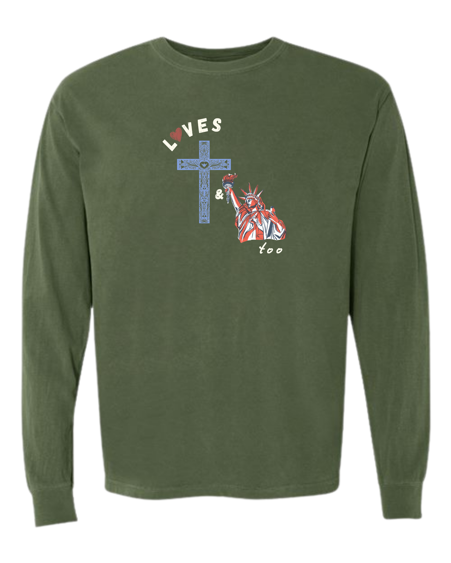 Loves Jesus & America too - Comfort Colors - Heavyweight Long Sleeve Tee - Blues & Greens