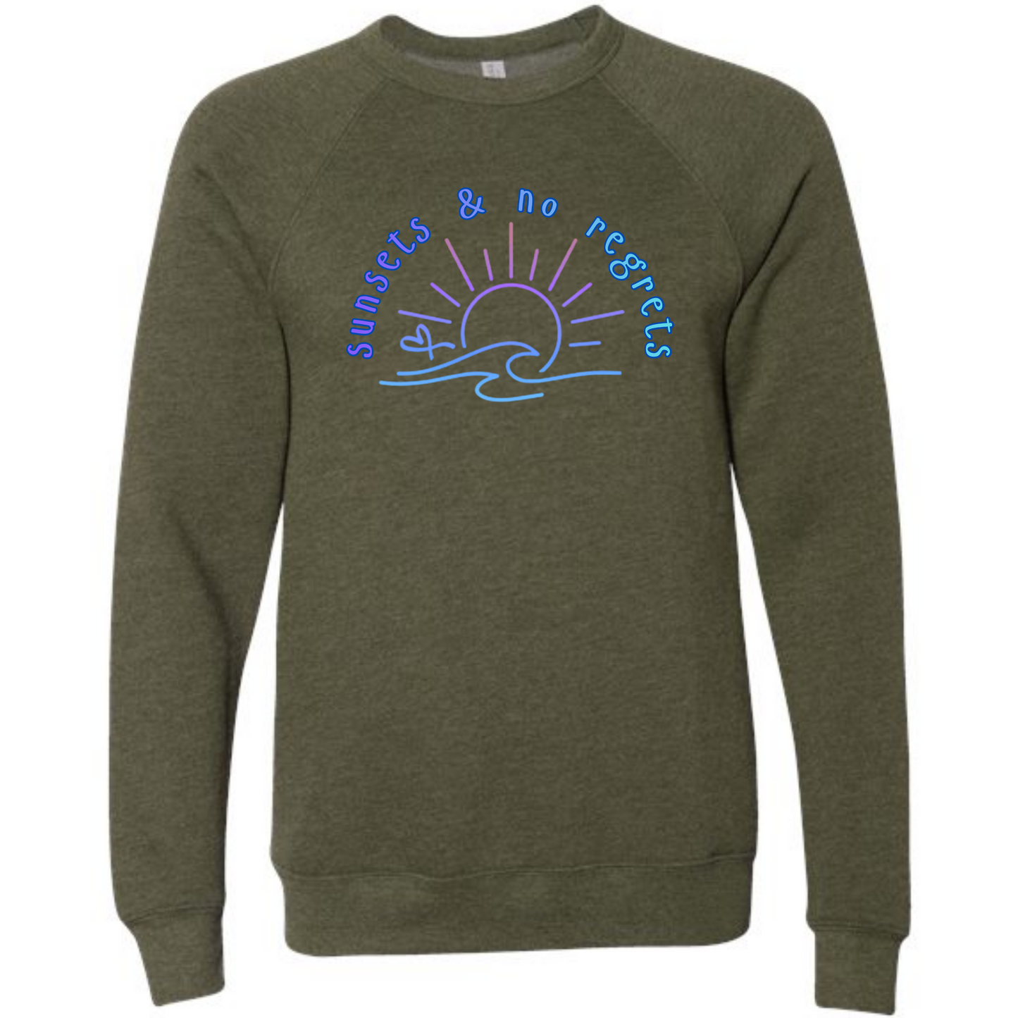 Sunsets & No Regrets - Sponge Fleece Raglan Sweatshirt - Blues, Greens, Purple, and Black