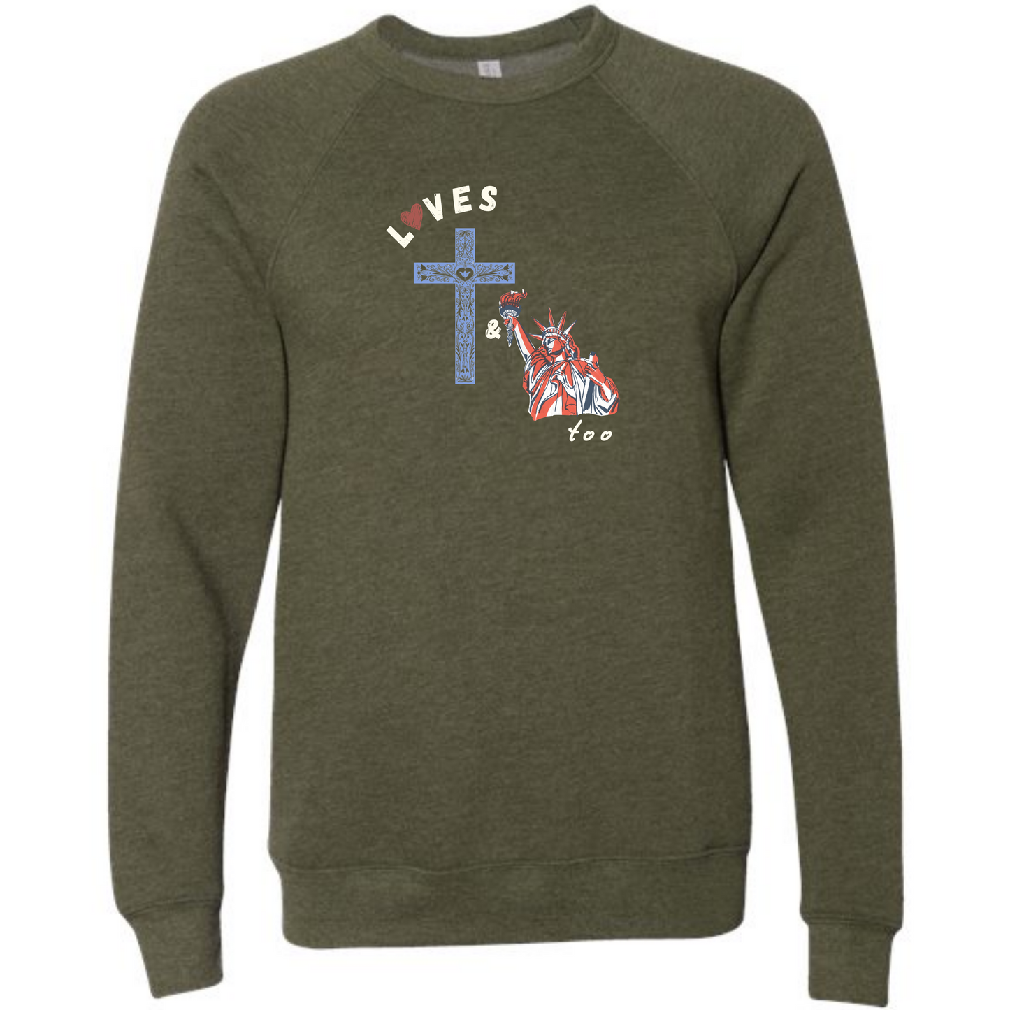Loves Jesus & America too - Sponge Fleece Raglan Sweatshirt - Blues, Greens, Purple, and Black