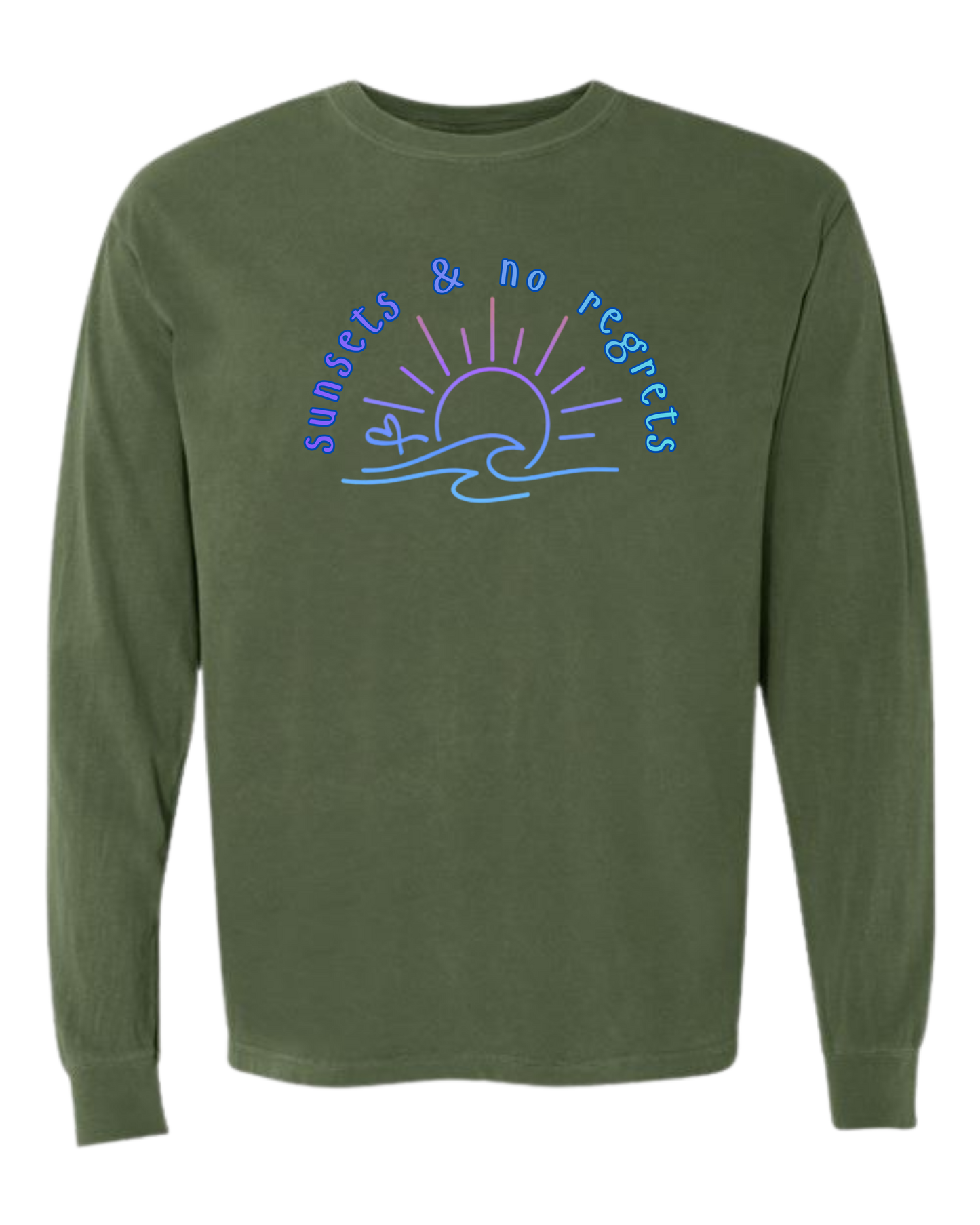 Sunsets & No Regrets - Comfort Colors - Heavyweight Long Sleeve Tee - Blues & Greens