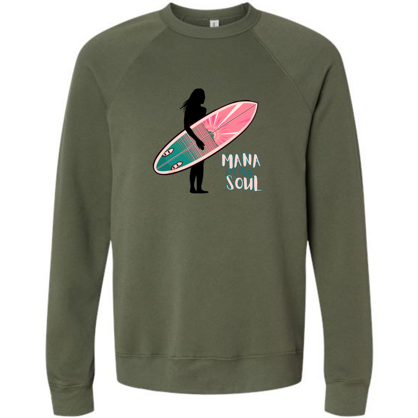 Mana in My Soul - Sponge Fleece Raglan Sweatshirt - Blues, Greens, Purple, and Black