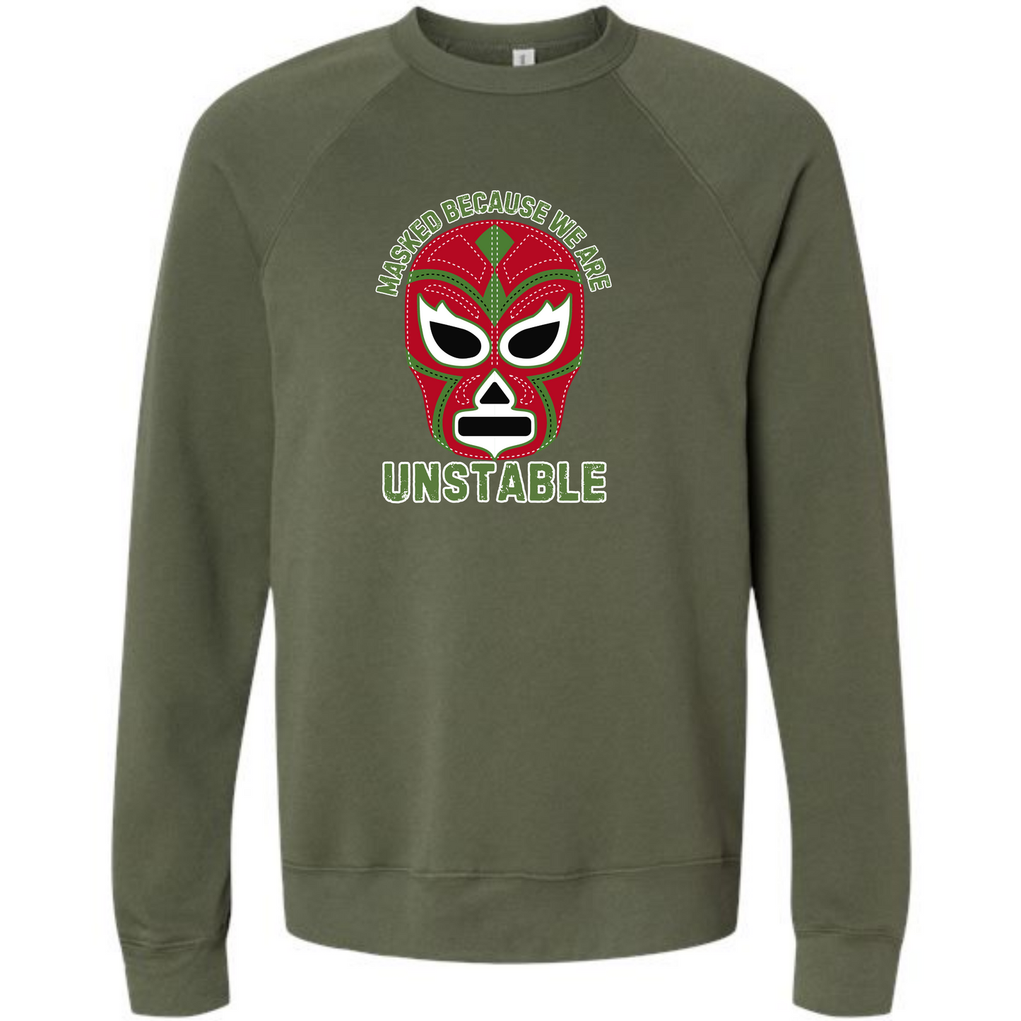 Masked Because We Are Unstable - Sponge Fleece Raglan Sweatshirt - Blues, Greens, Purple, and Black