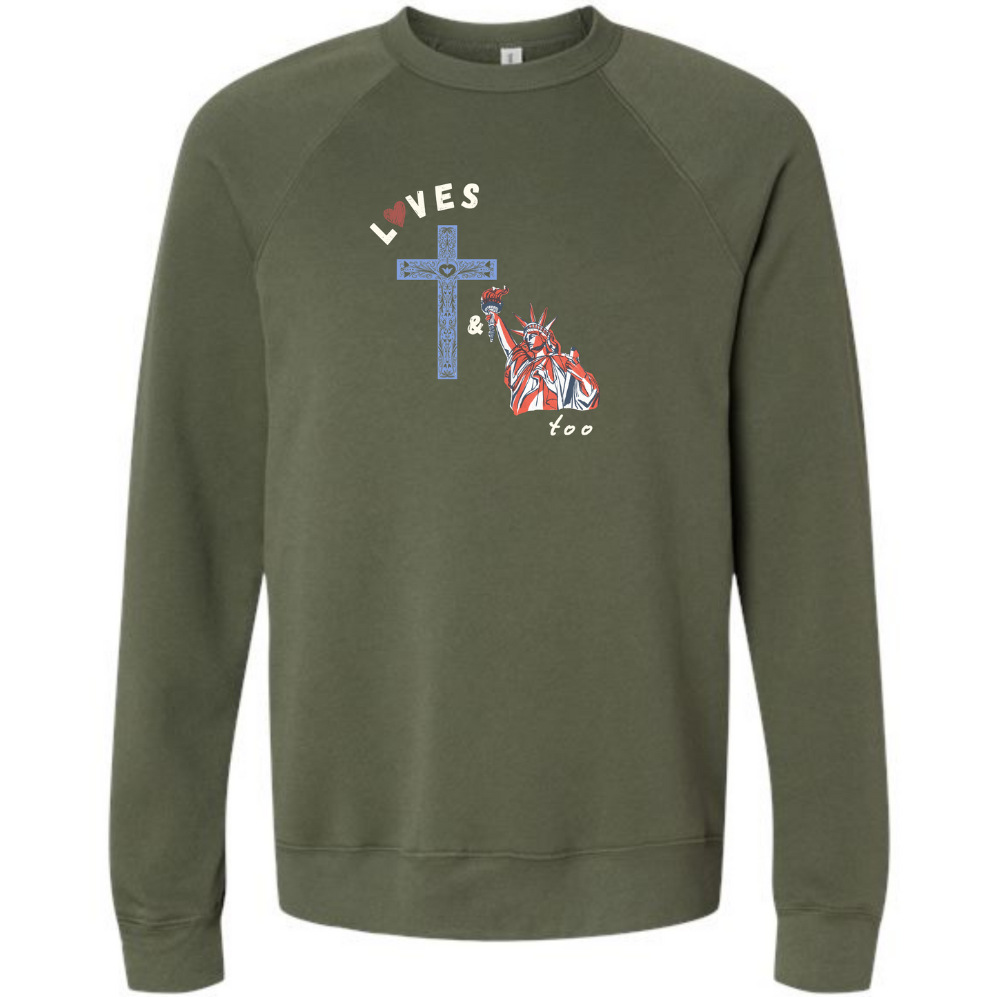 Loves Jesus & America too - Sponge Fleece Raglan Sweatshirt - Blues, Greens, Purple, and Black