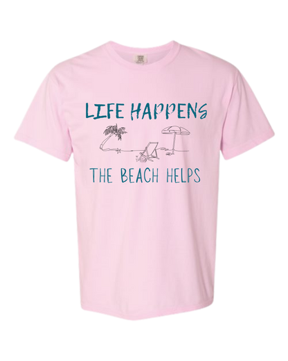 Life Happens The Beach Helps - Comfort Colors - Heavyweight Unisex Tee - Pinks & Purples
