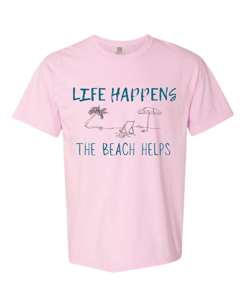 Life Happens The Beach Helps - Comfort Colors - Heavyweight Unisex Tee - Pinks & Purples