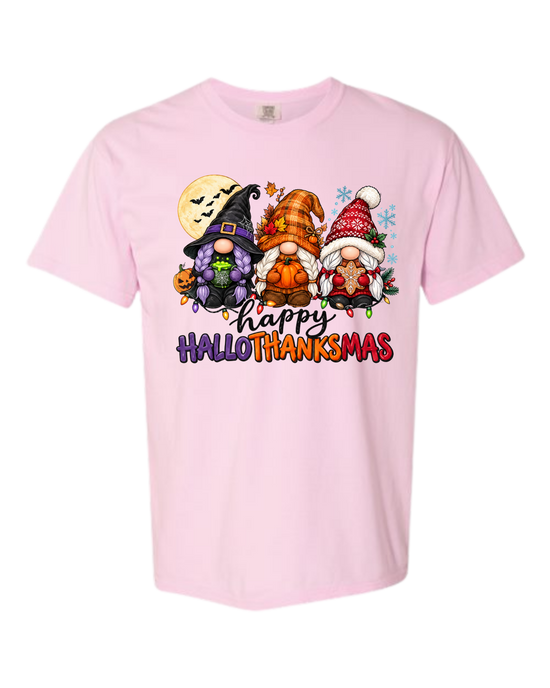 Happy HalloThanksMas Gnomes - Comfort Colors - Heavyweight Unisex Tee - Pinks, Purples
