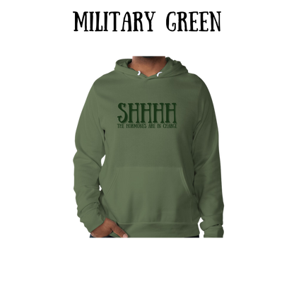 shhhh the hormones are in charge - sponge fleece hoodie - greens, neutrals