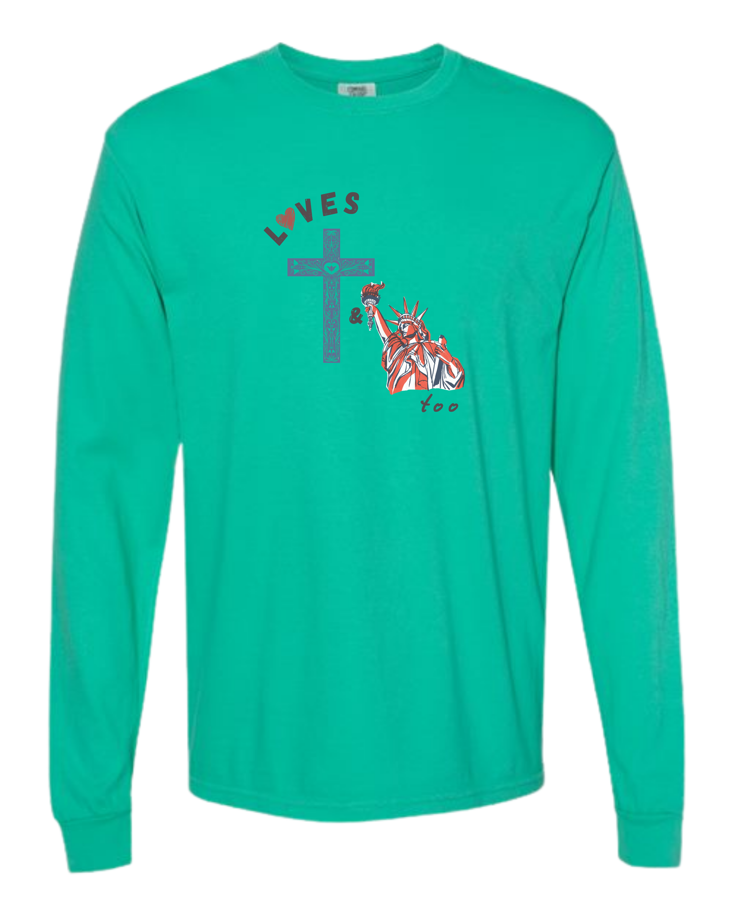Loves Jesus & America too - Comfort Colors - Heavyweight Long Sleeve Tee - Blues & Greens