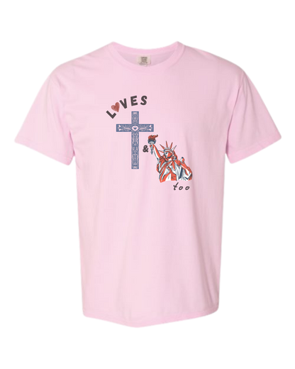 Loves Jesus & America too - Comfort Colors - Heavyweight Unisex Tee - Pinks & Purples