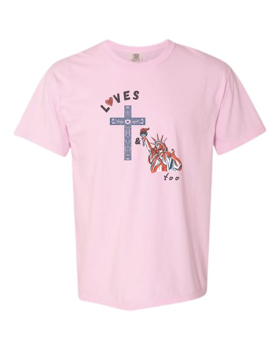 Loves Jesus & America too - Comfort Colors - Heavyweight Unisex Tee - Pinks & Purples