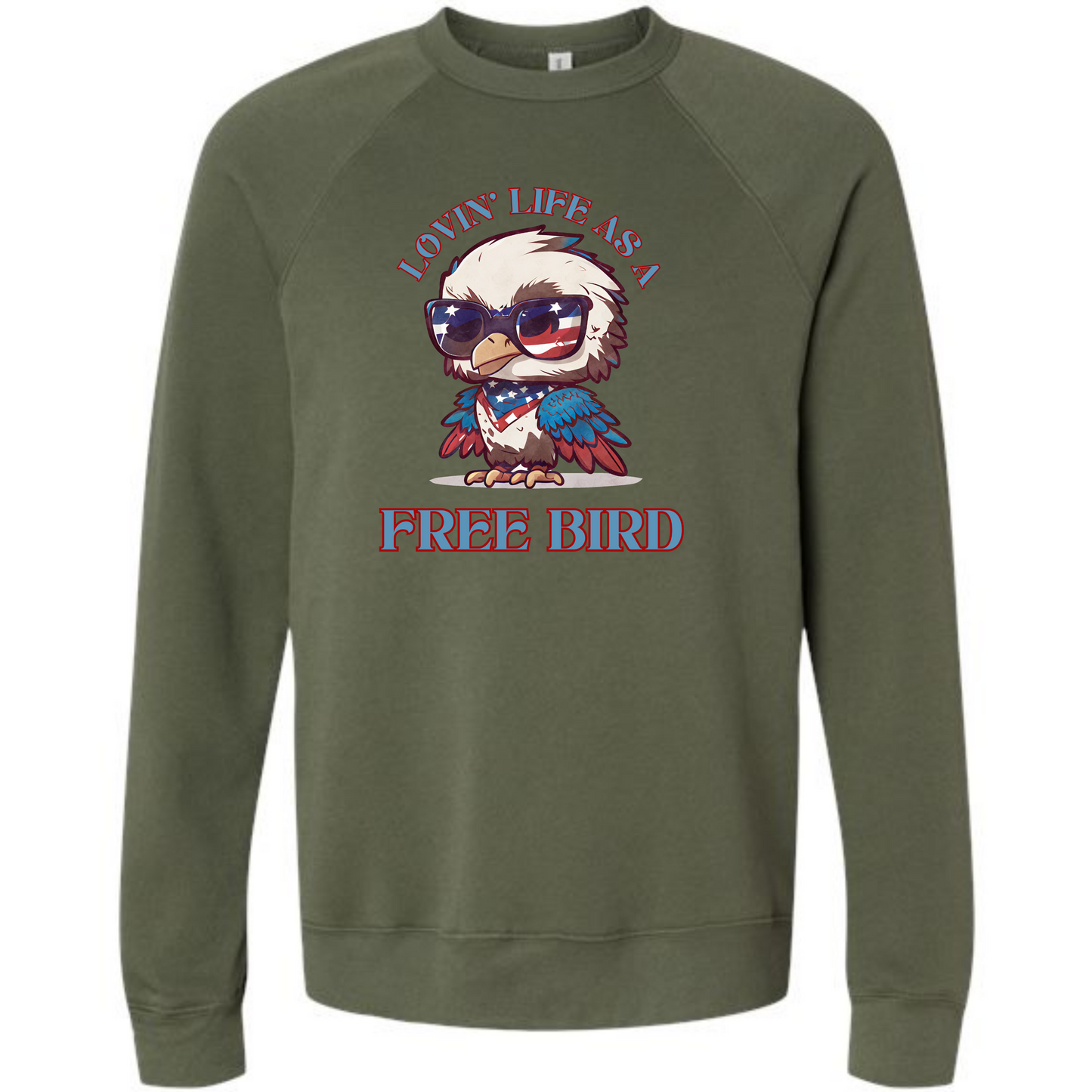 Lovin' Life as a Free Bird - Sponge Fleece Raglan Sweatshirt - Blues, Greens, Purple, and Black