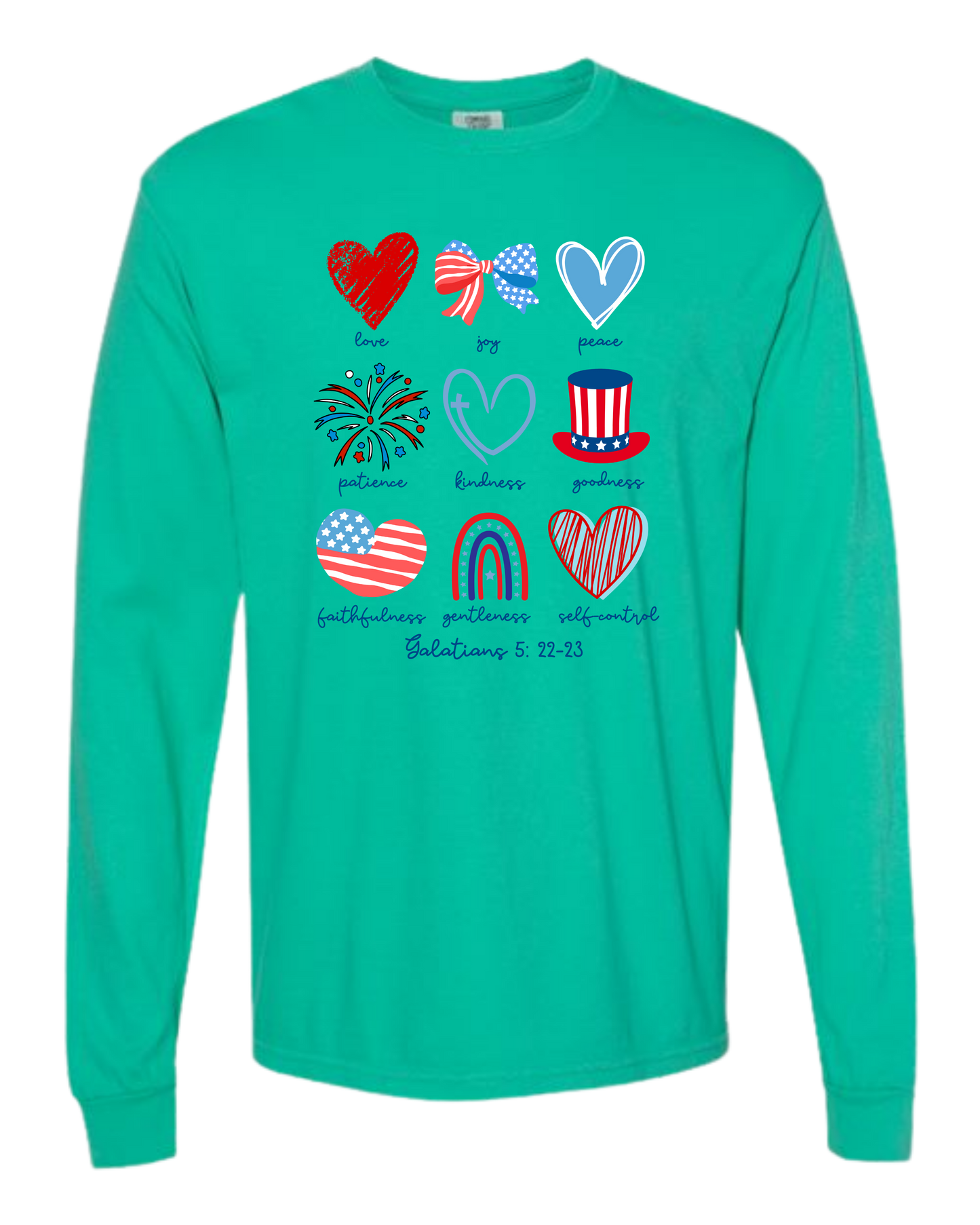Galatians 5 - Patriotic - Comfort Colors - Heavyweight Long Sleeve Tee - Blues & Greens