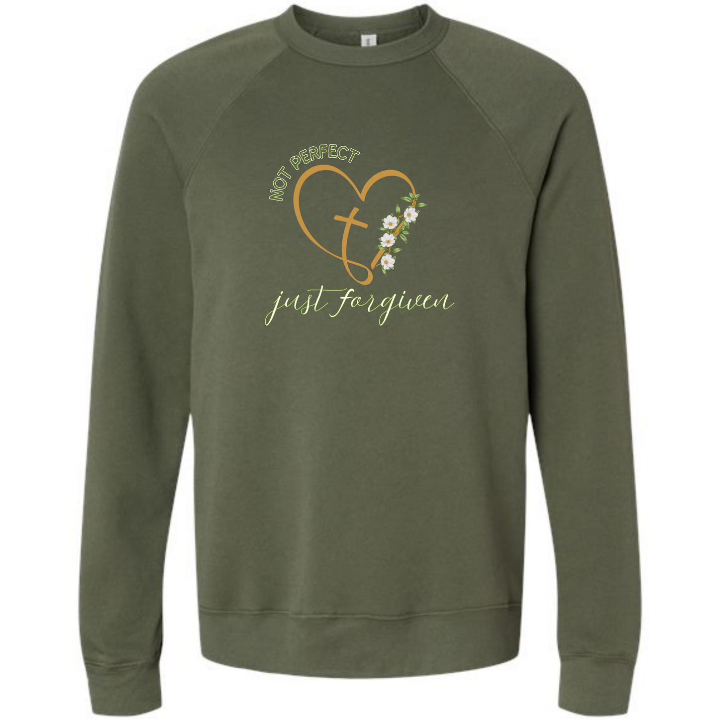 Not Perfect Just Forgiven - Sponge Fleece Raglan Sweatshirt - Blues, Greens, Purple, and Black