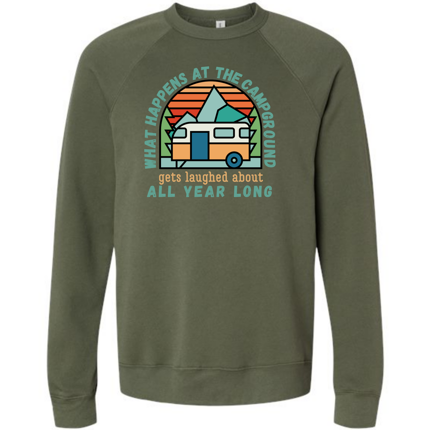 What Happens At The Campground - Sponge Fleece Raglan Sweatshirt - Blues, Greens, Purple, and Black