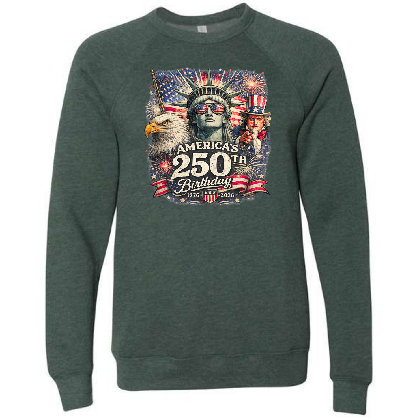 America's 250th Birthday - Sponge Fleece Raglan Sweatshirt - Blues, Greens, Purple, and Black