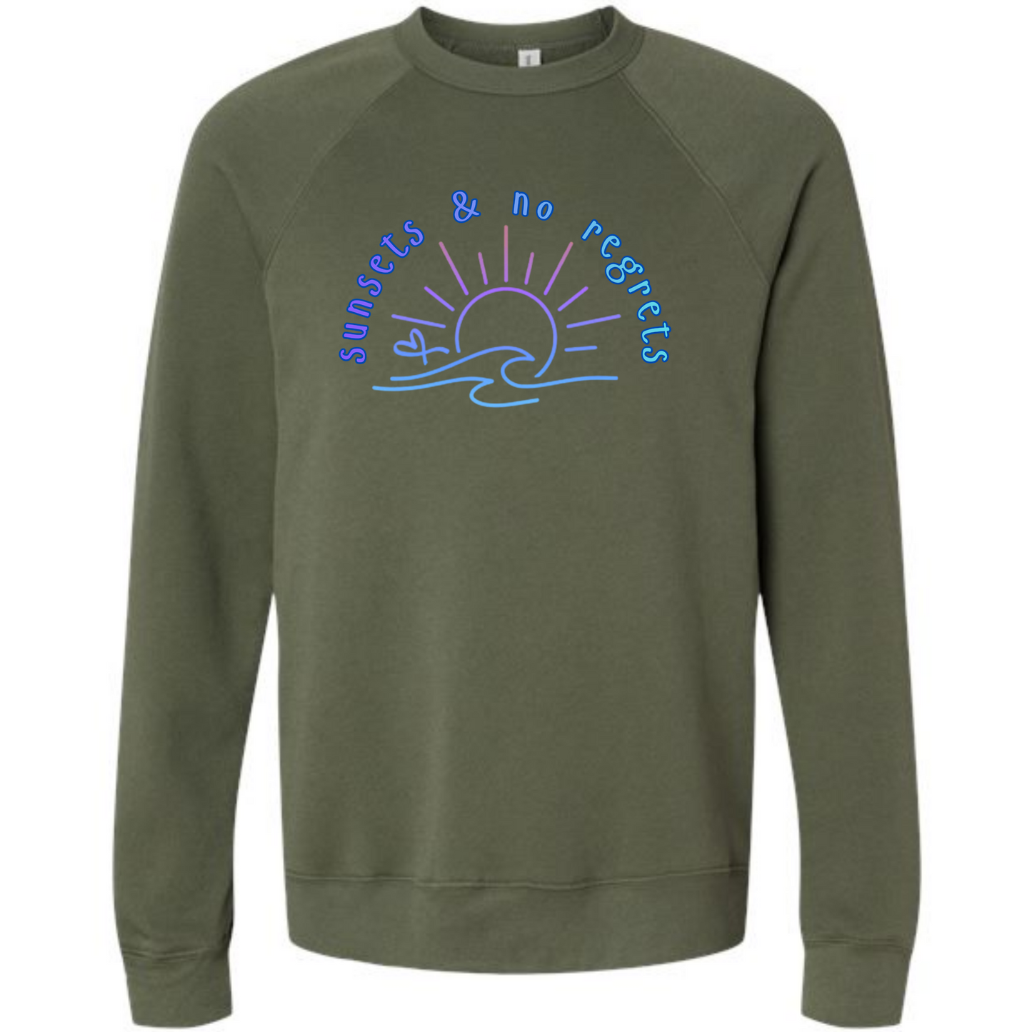 Sunsets & No Regrets - Sponge Fleece Raglan Sweatshirt - Blues, Greens, Purple, and Black