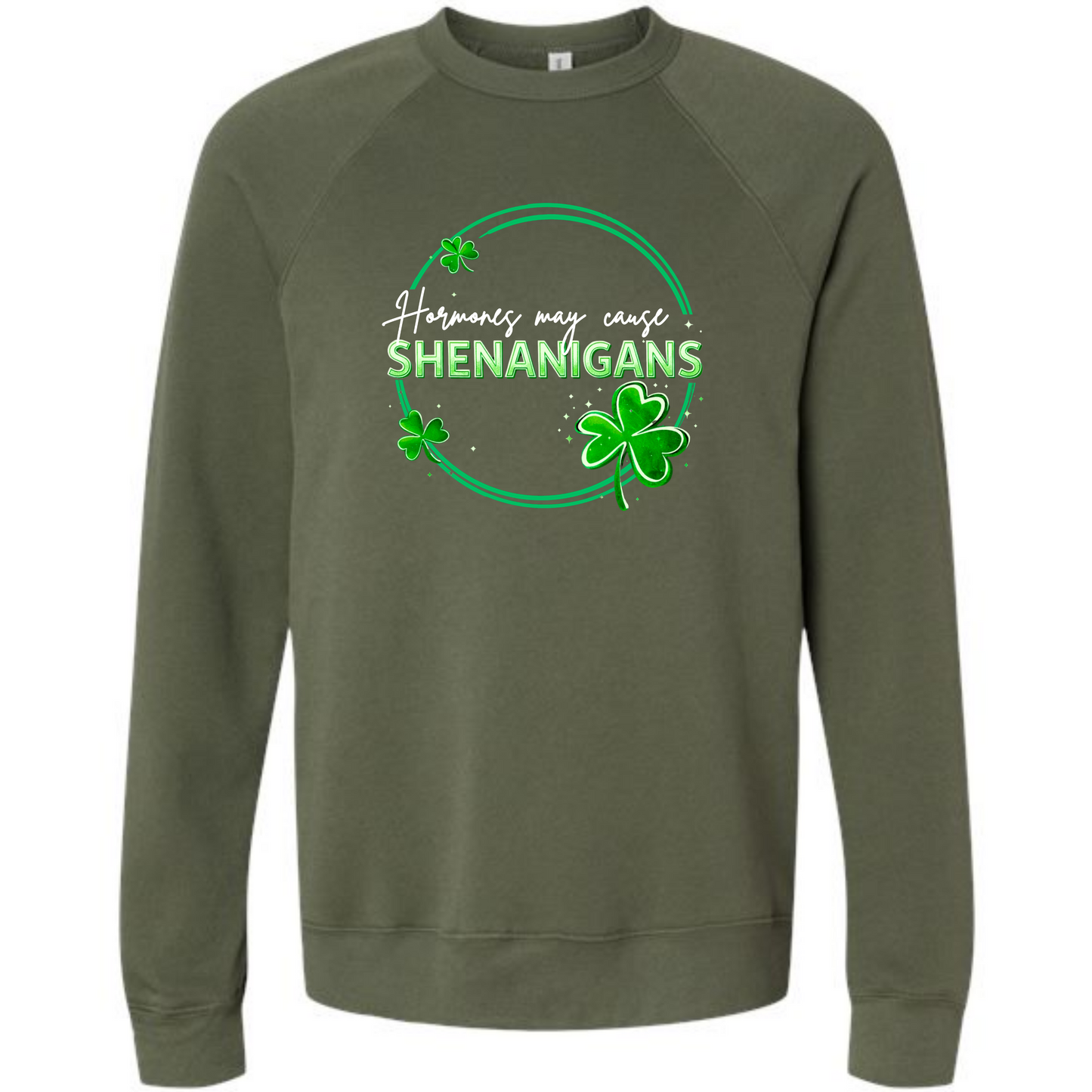 Hormones May Cause Shenanigans - Sponge Fleece Raglan Sweatshirt - Blues, Greens, Purple, and Black