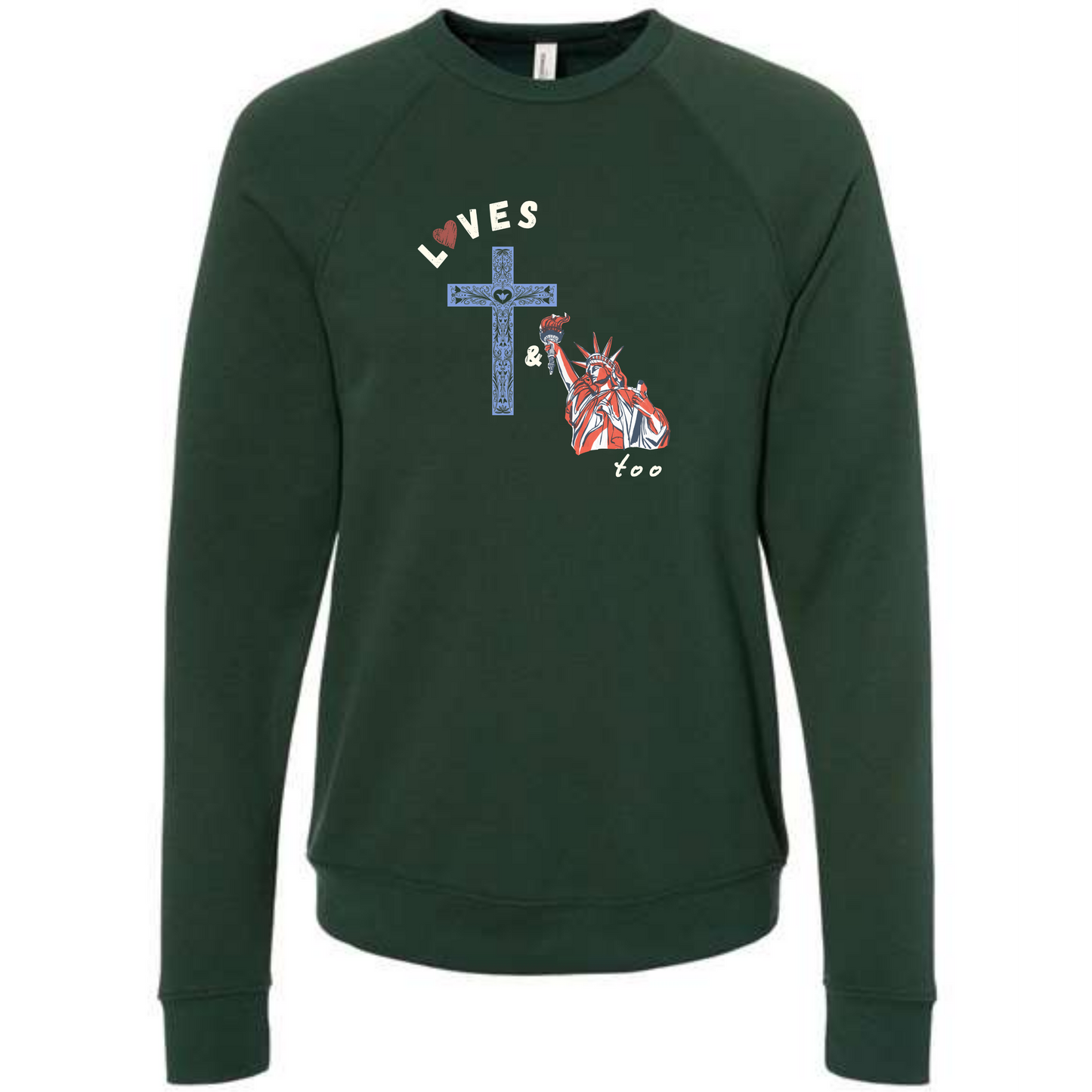 Loves Jesus & America too - Sponge Fleece Raglan Sweatshirt - Blues, Greens, Purple, and Black