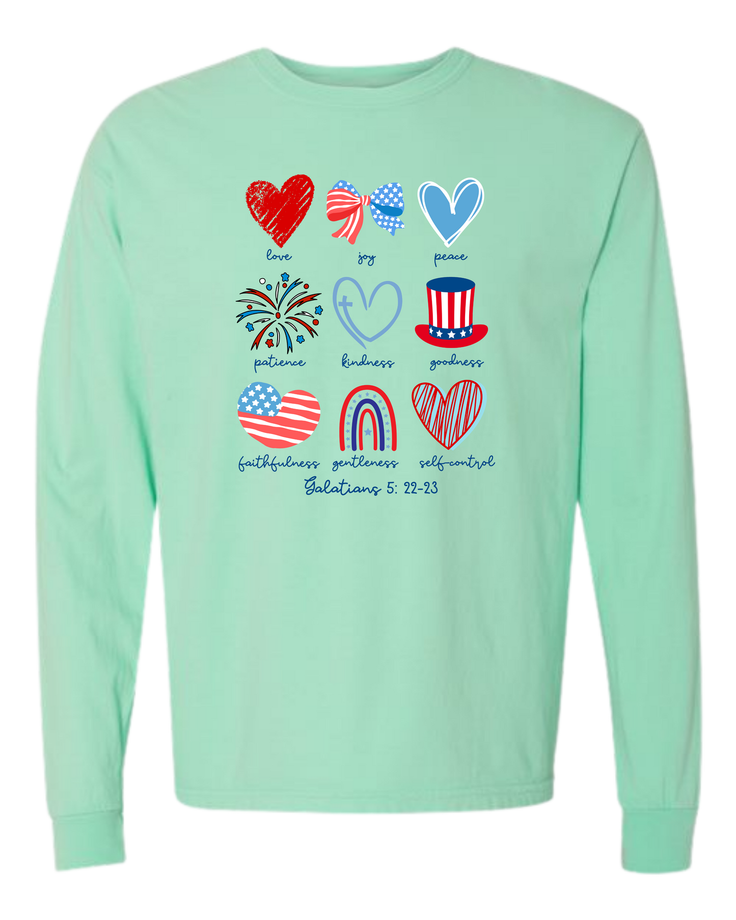 Galatians 5 - Patriotic - Comfort Colors - Heavyweight Long Sleeve Tee - Blues & Greens