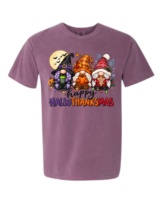 Happy HalloThanksMas Gnomes - Comfort Colors - Heavyweight Unisex Tee - Pinks, Purples