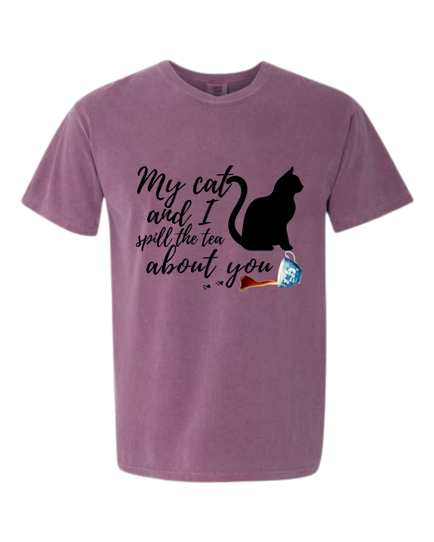 My Cat and I spill the tea about you - Comfort Colors - Heavyweight Unisex Tee - Pinks & Purples
