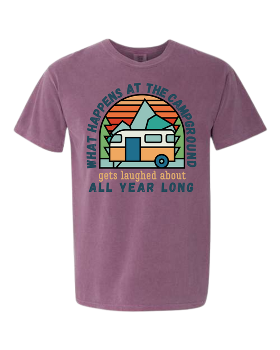 What Happens At The Campground - Comfort Colors - Heavyweight Unisex Tee - Pinks & Purples