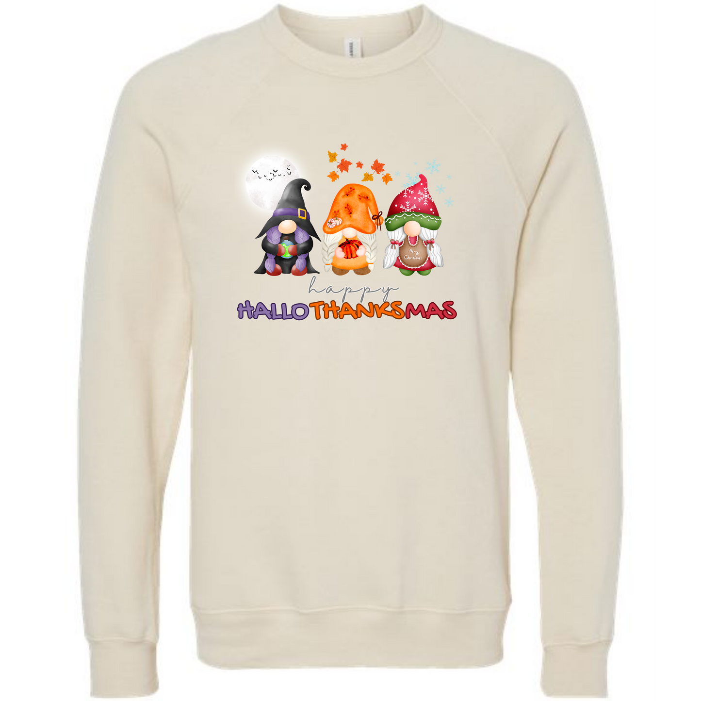 Happy Hallothanksmas Gnomes- Sponge Fleece Raglan Sweatshirt - Greens, Neutrals