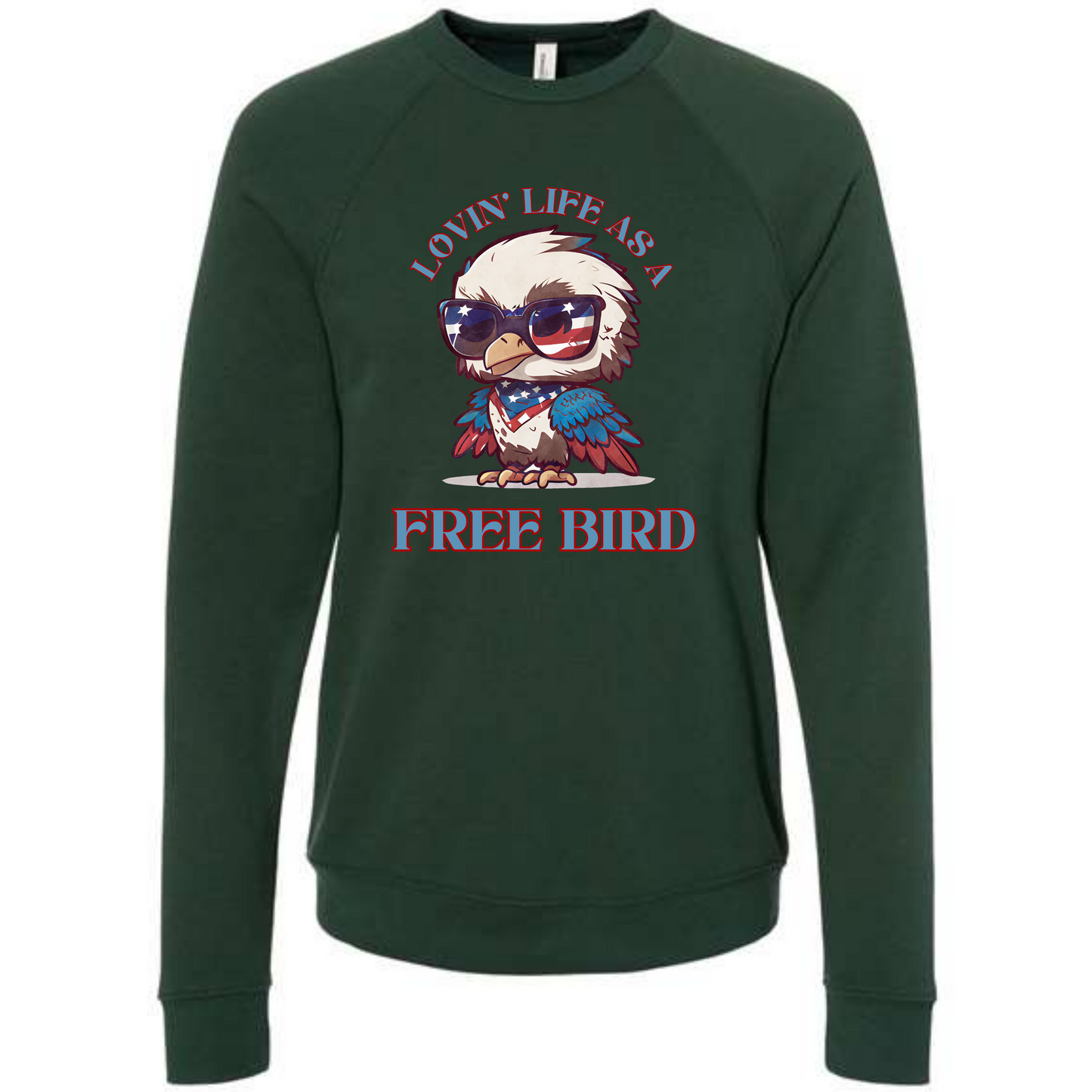 Lovin' Life as a Free Bird - Sponge Fleece Raglan Sweatshirt - Blues, Greens, Purple, and Black