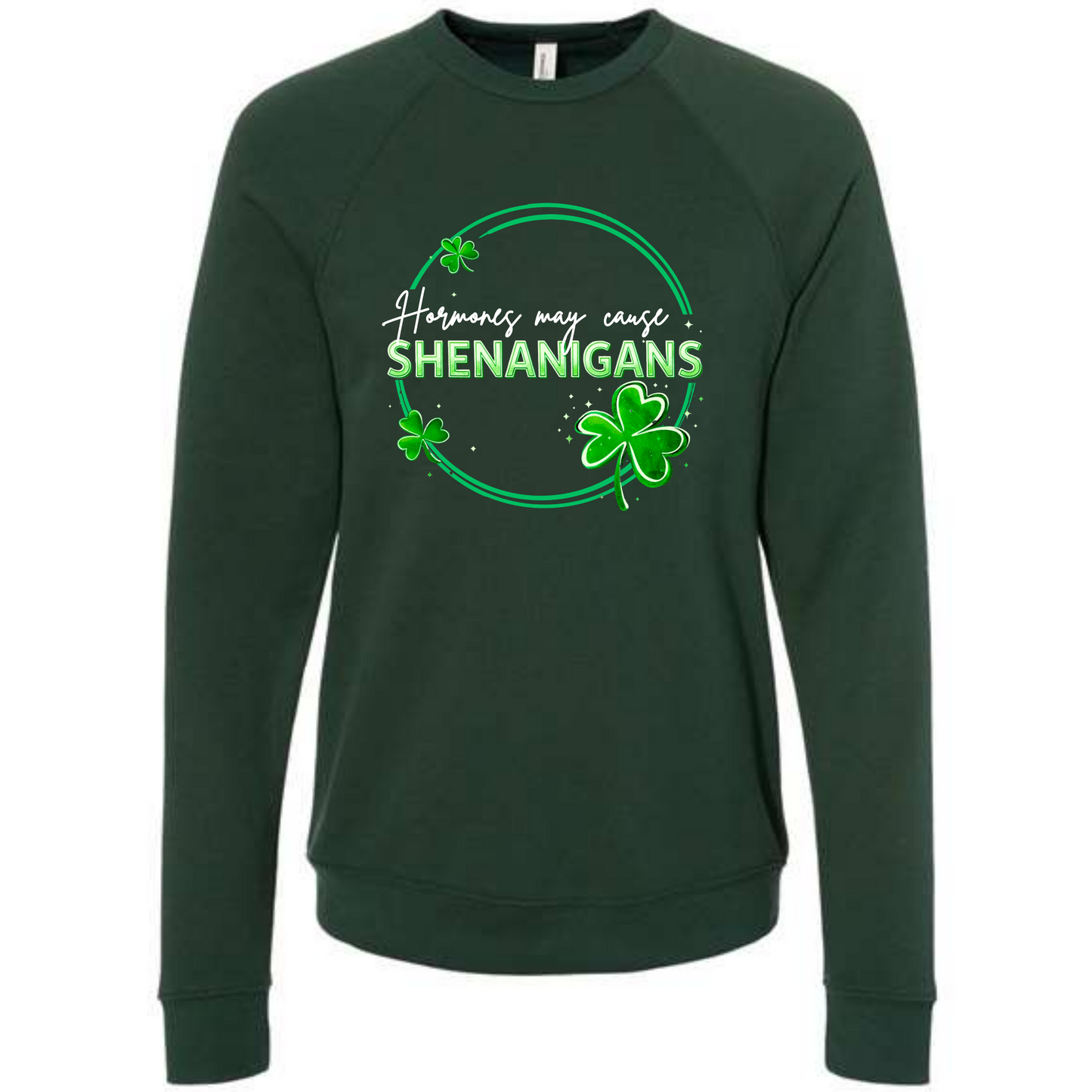Hormones May Cause Shenanigans - Sponge Fleece Raglan Sweatshirt - Blues, Greens, Purple, and Black
