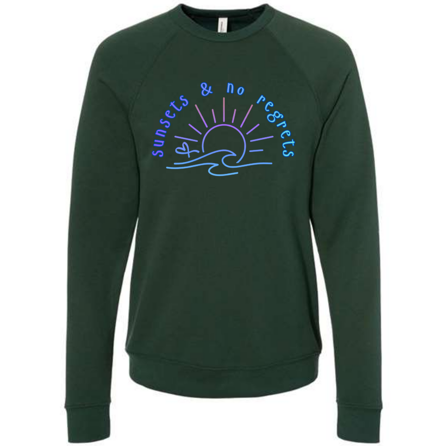 Sunsets & No Regrets - Sponge Fleece Raglan Sweatshirt - Blues, Greens, Purple, and Black
