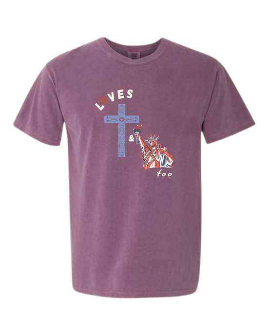 Loves Jesus & America too - Comfort Colors - Heavyweight Unisex Tee - Pinks & Purples