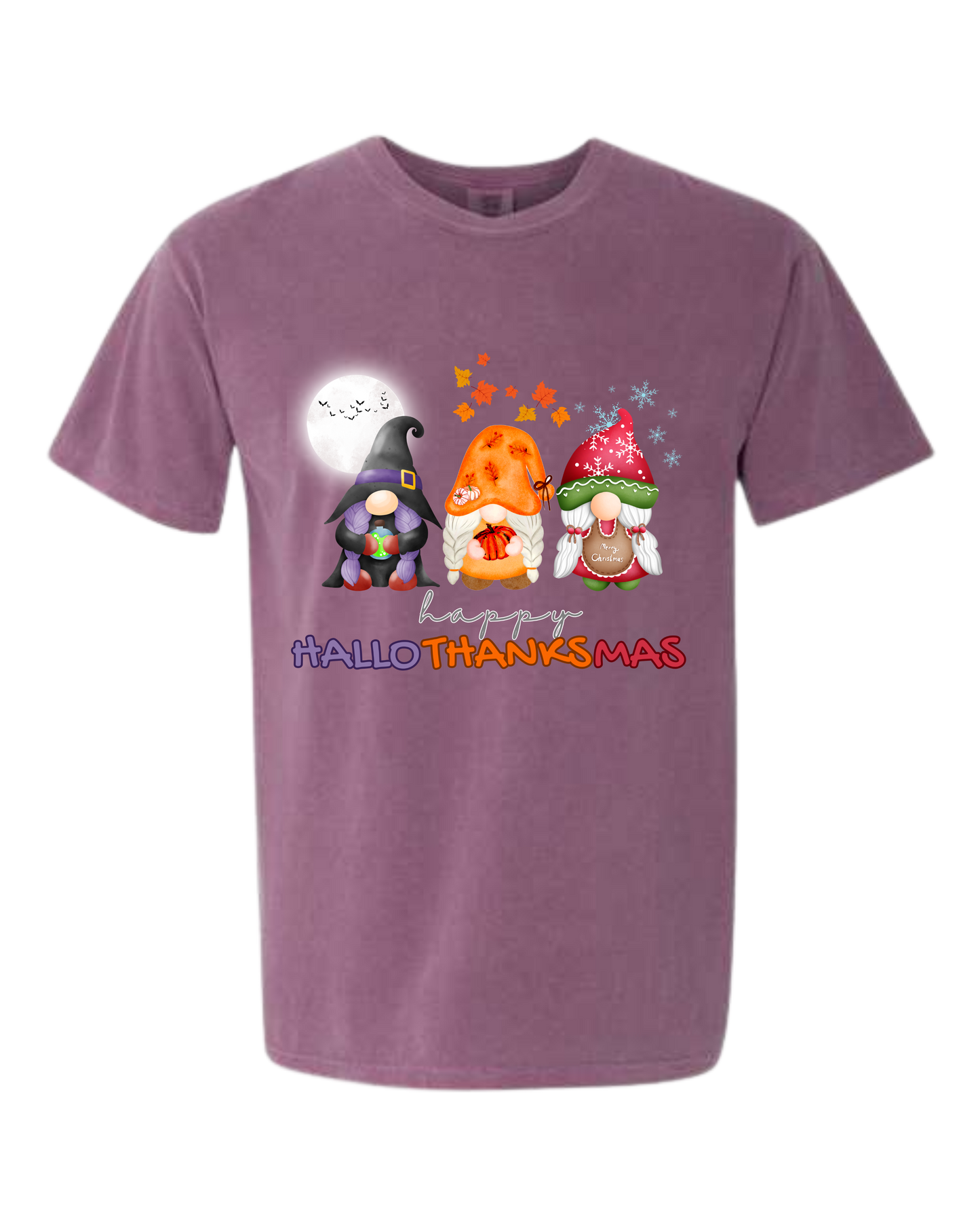 Happy HalloThanksMas Gnomes - Comfort Colors - Heavyweight Unisex Tee - Pinks, Purples