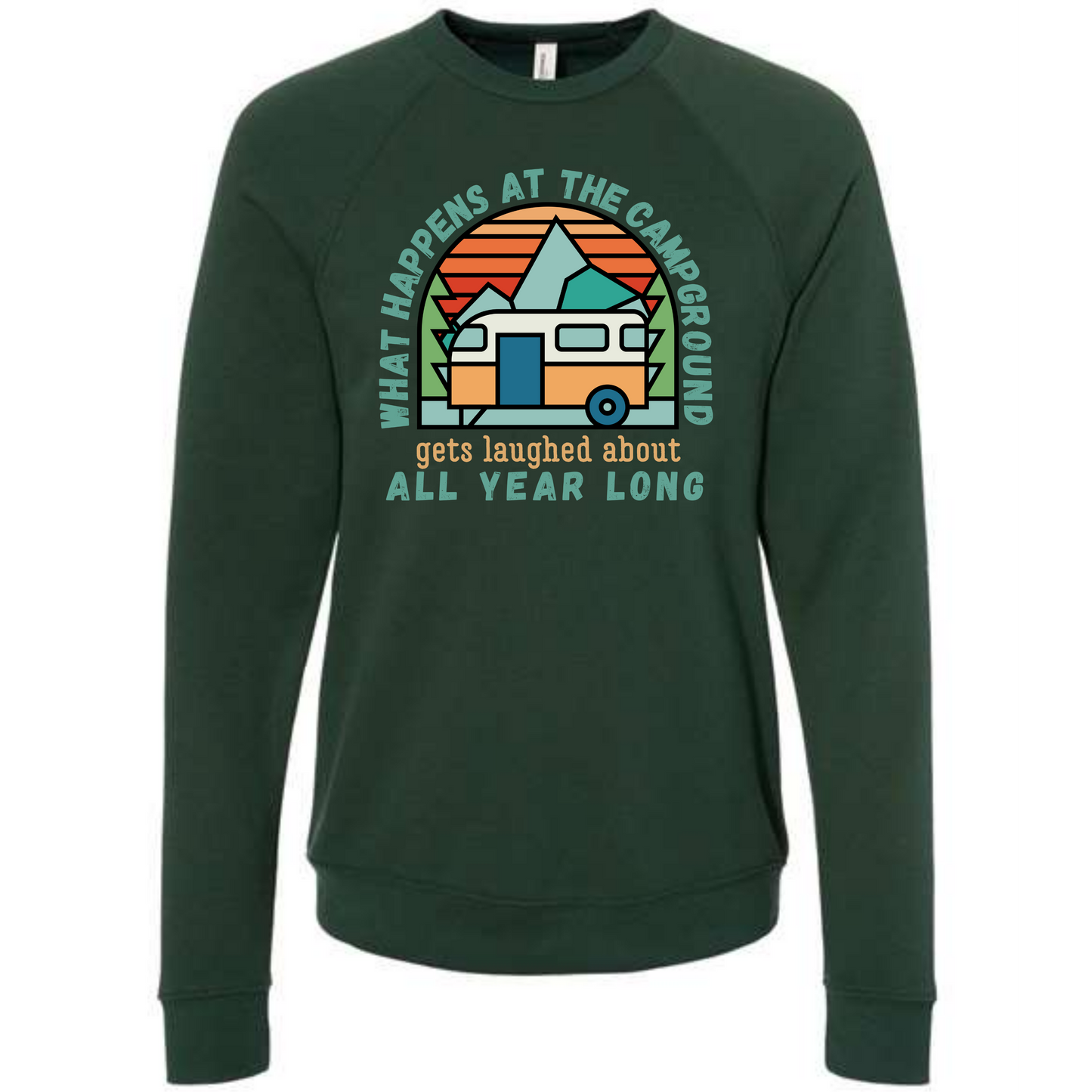 What Happens At The Campground - Sponge Fleece Raglan Sweatshirt - Blues, Greens, Purple, and Black