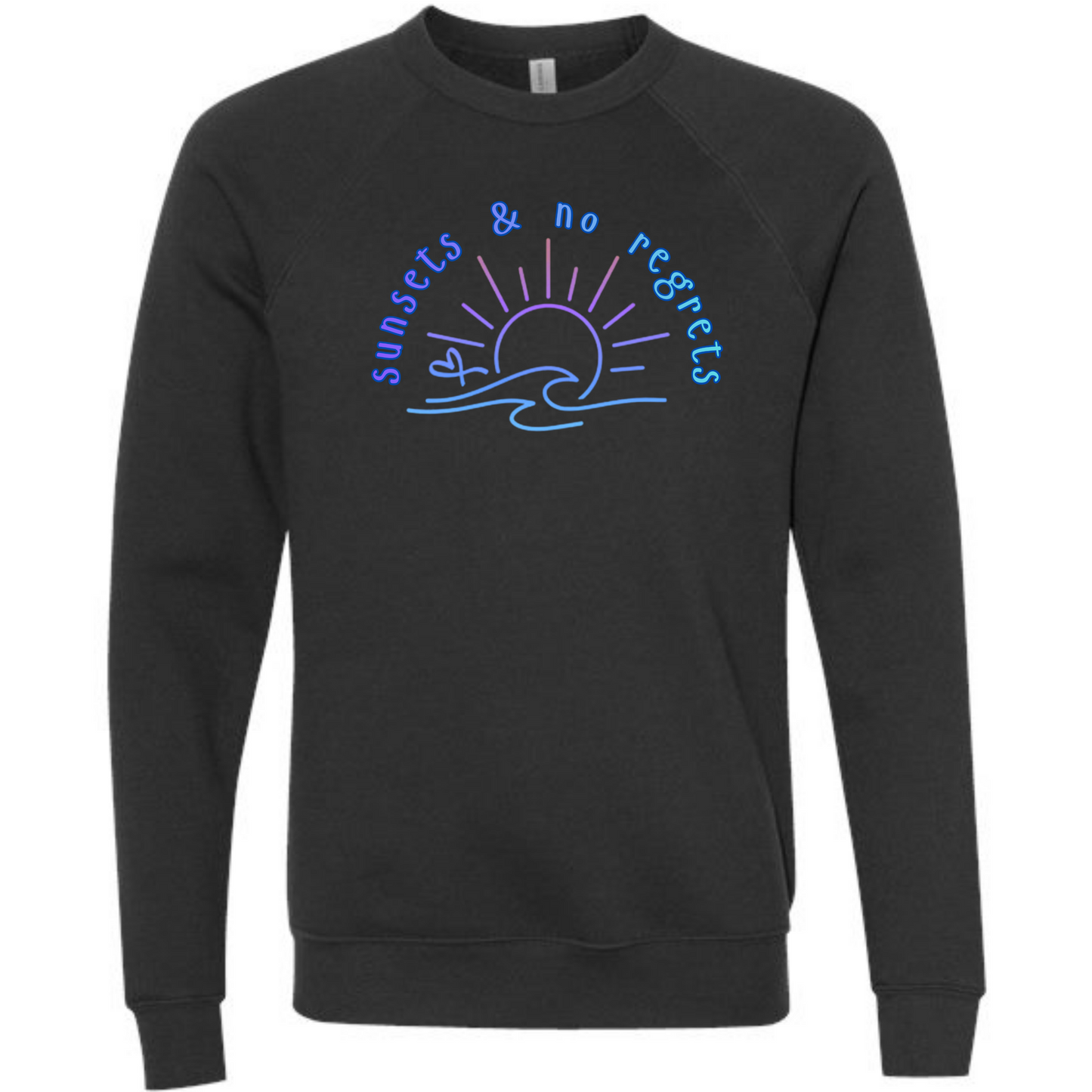Sunsets & No Regrets - Sponge Fleece Raglan Sweatshirt - Blues, Greens, Purple, and Black