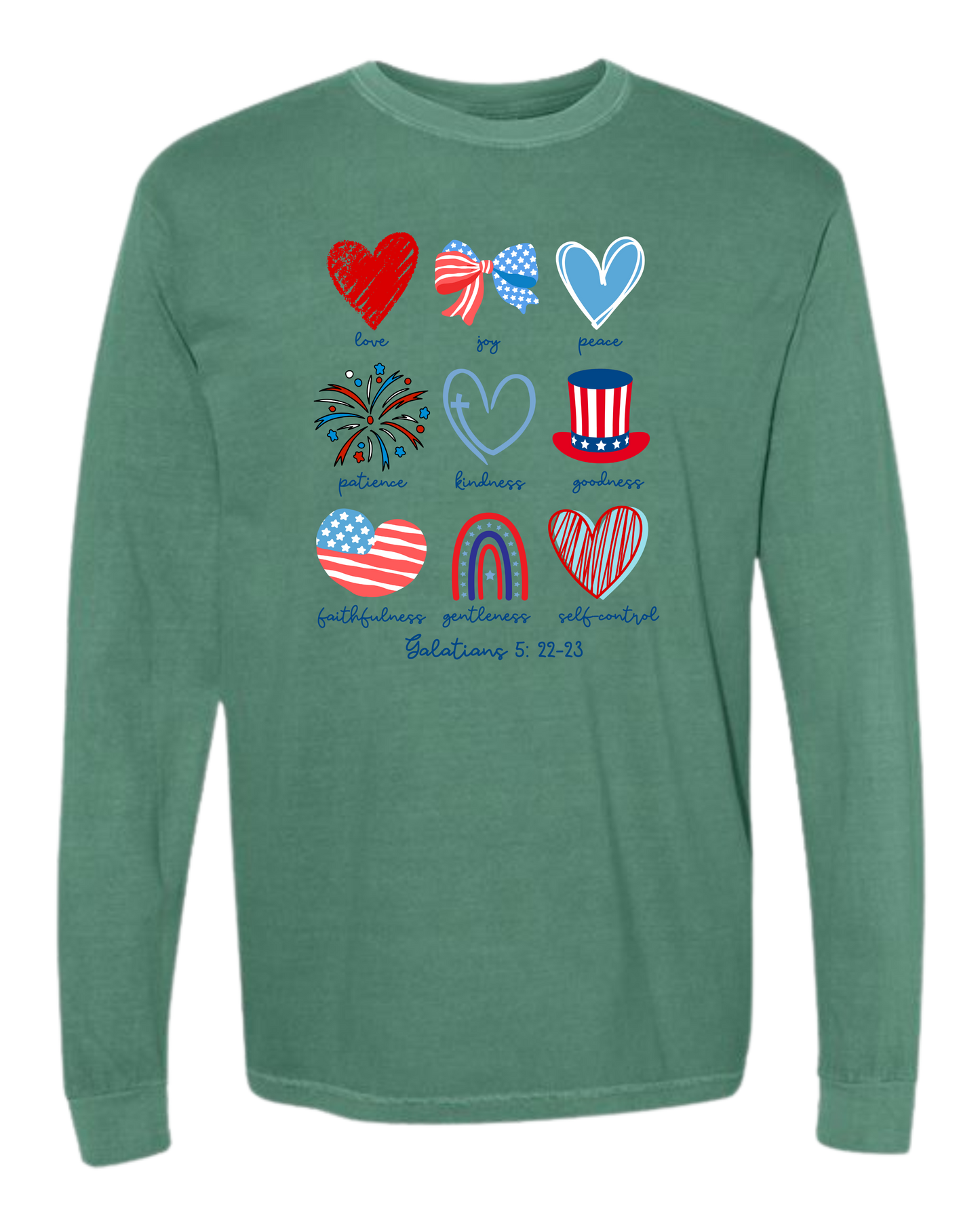 Galatians 5 - Patriotic - Comfort Colors - Heavyweight Long Sleeve Tee - Blues & Greens