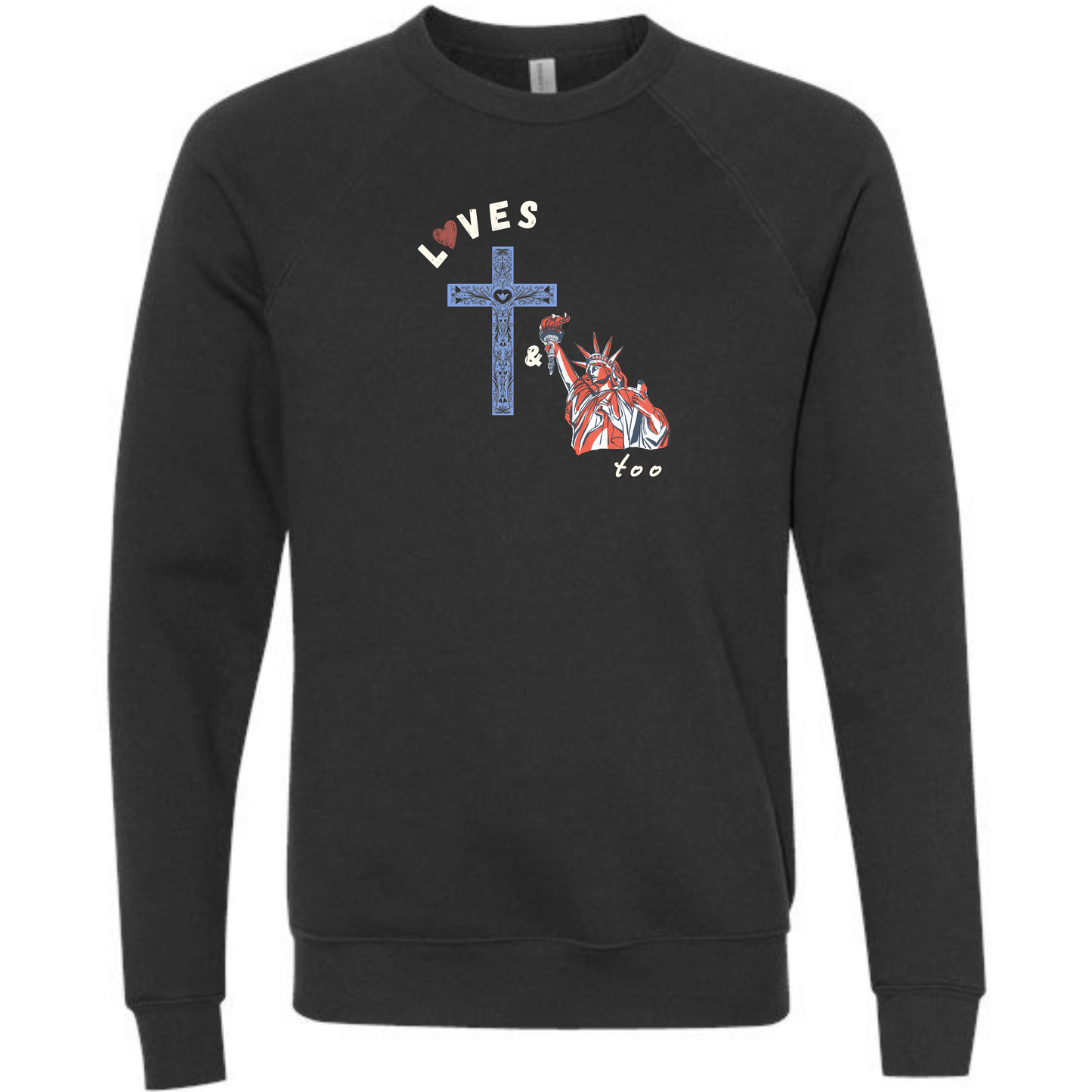 Loves Jesus & America too - Sponge Fleece Raglan Sweatshirt - Blues, Greens, Purple, and Black