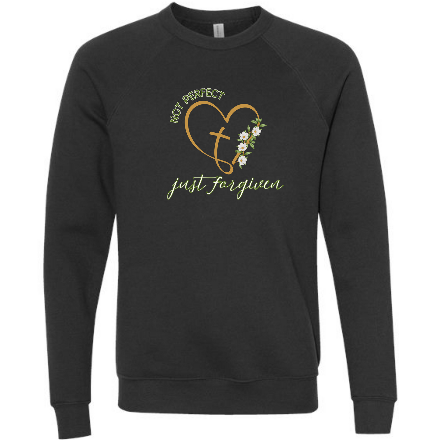 Not Perfect Just Forgiven - Sponge Fleece Raglan Sweatshirt - Blues, Greens, Purple, and Black